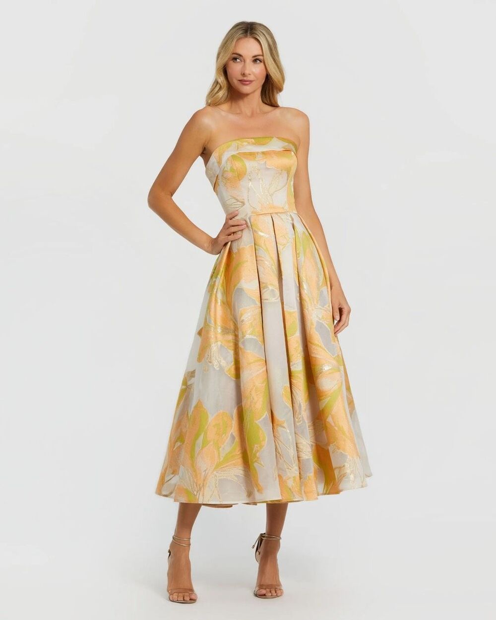 Mac Duggal Timeless Elegant Floral Strapless Brocade Midi Gala Dress Peach 12